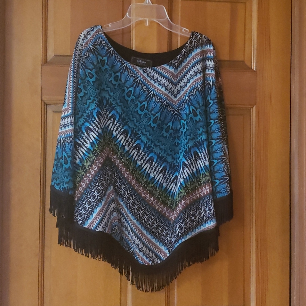 Status Poncho/Top Lined Small Fringed Blue/Black Women's EUC